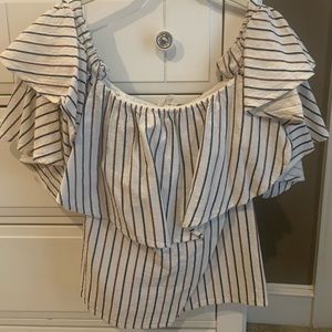 White off shoulder top with red & navy stripes